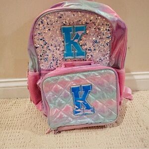 Chasing Rainbow Pink Bag pack With Insulated Lunch Box and Letter K Written NWT